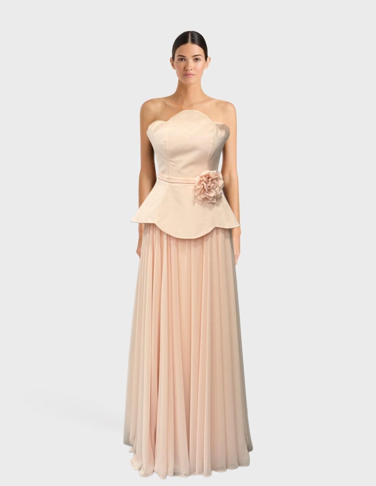 Peplum Bel ve Çiçek Aksesuarı ile Straplez Abiye - PUDRA
