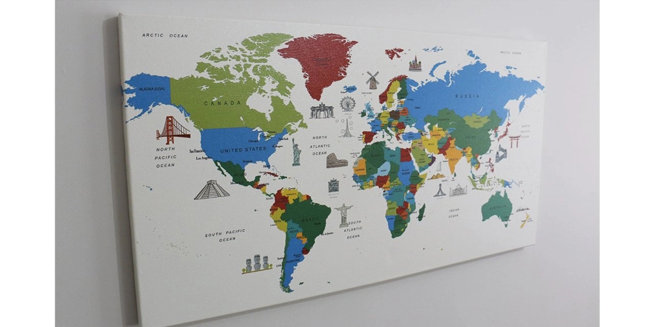 213 - Colorful World Map with Landmarks