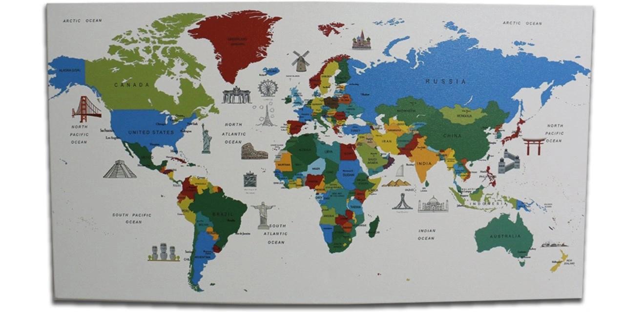 213 - Colorful World Map with Landmarks