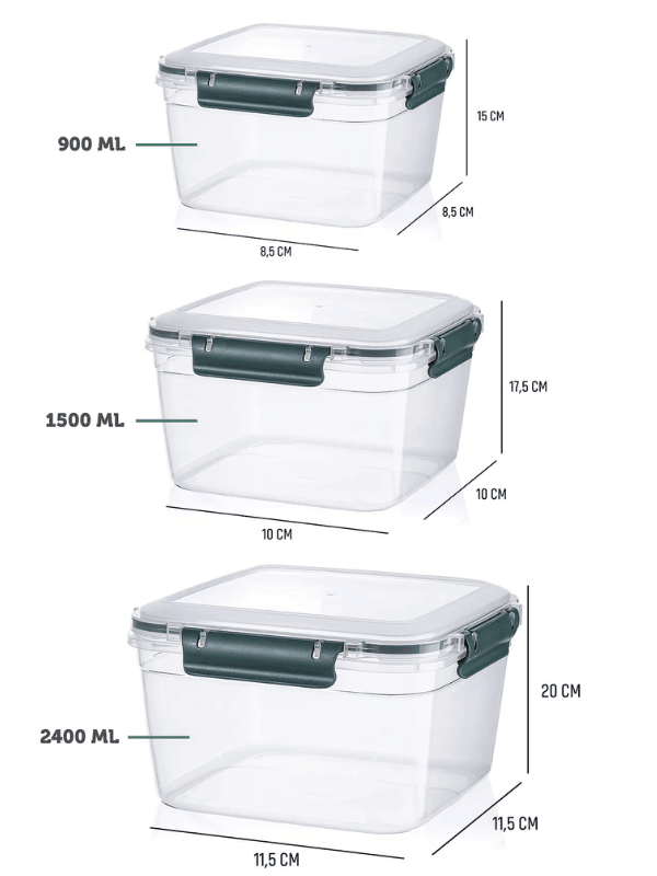 3'LÜ Sızdırmaz Kilitli Vakum Kapaklı Gıda Erzak Kare Saklama Kabı Seti 1x (900-1500-2400 ml)