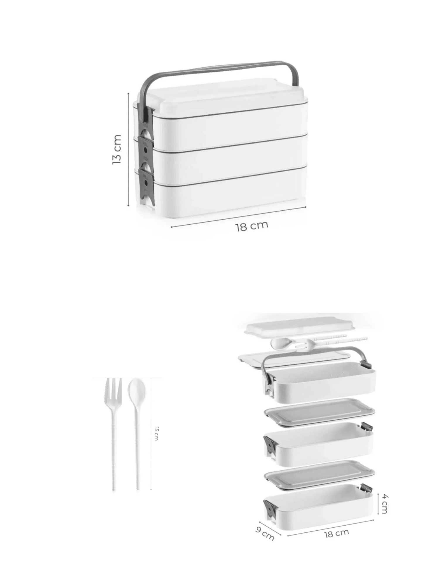3 Katlı Taşınabilir Yemek Kabı – Lunch Box Diyet Beslenme Kutusu Saklama Kabı Çatal Kaşıklı Gri