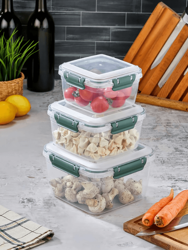 3'LÜ Sızdırmaz Kilitli Vakum Kapaklı Gıda Erzak Kare Saklama Kabı Seti 1x (900-1500-2400 ml)