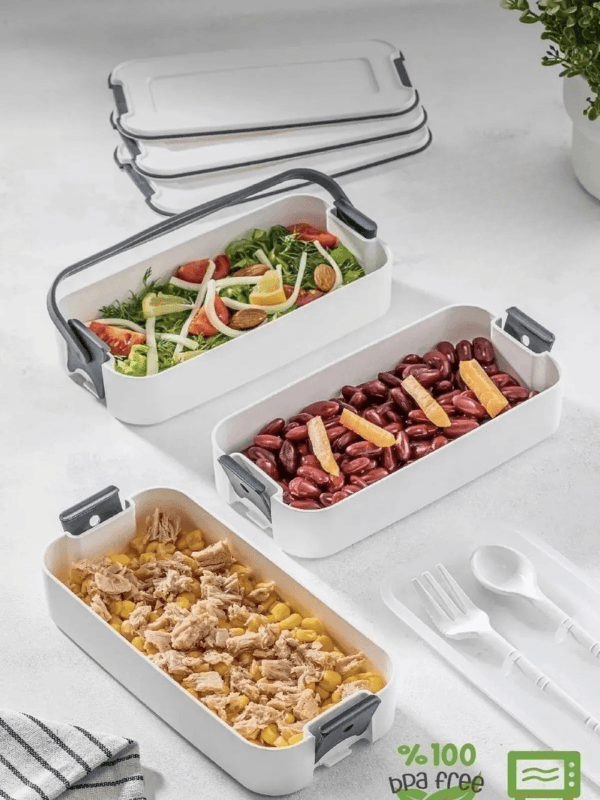 3 Katlı Taşınabilir Yemek Kabı – Lunch Box Diyet Beslenme Kutusu Saklama Kabı Çatal Kaşıklı Gri
