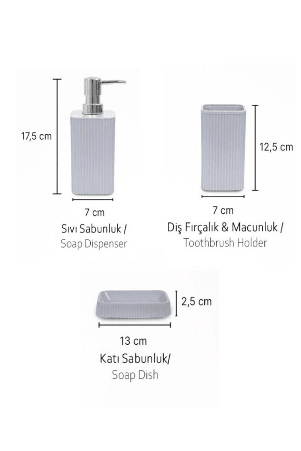 3 Parça Kare Lavabo Banyo Seti - Sıvı Sabunluk Katı Sabunluk Diş Fırçası 