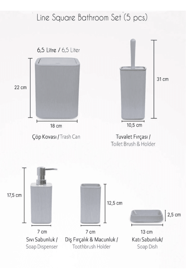 Line 5 Parça Kare Banyo Seti - Çöp Kovası WC Fırçası Sıvı-Katı Sabunluk Diş Fırçası 