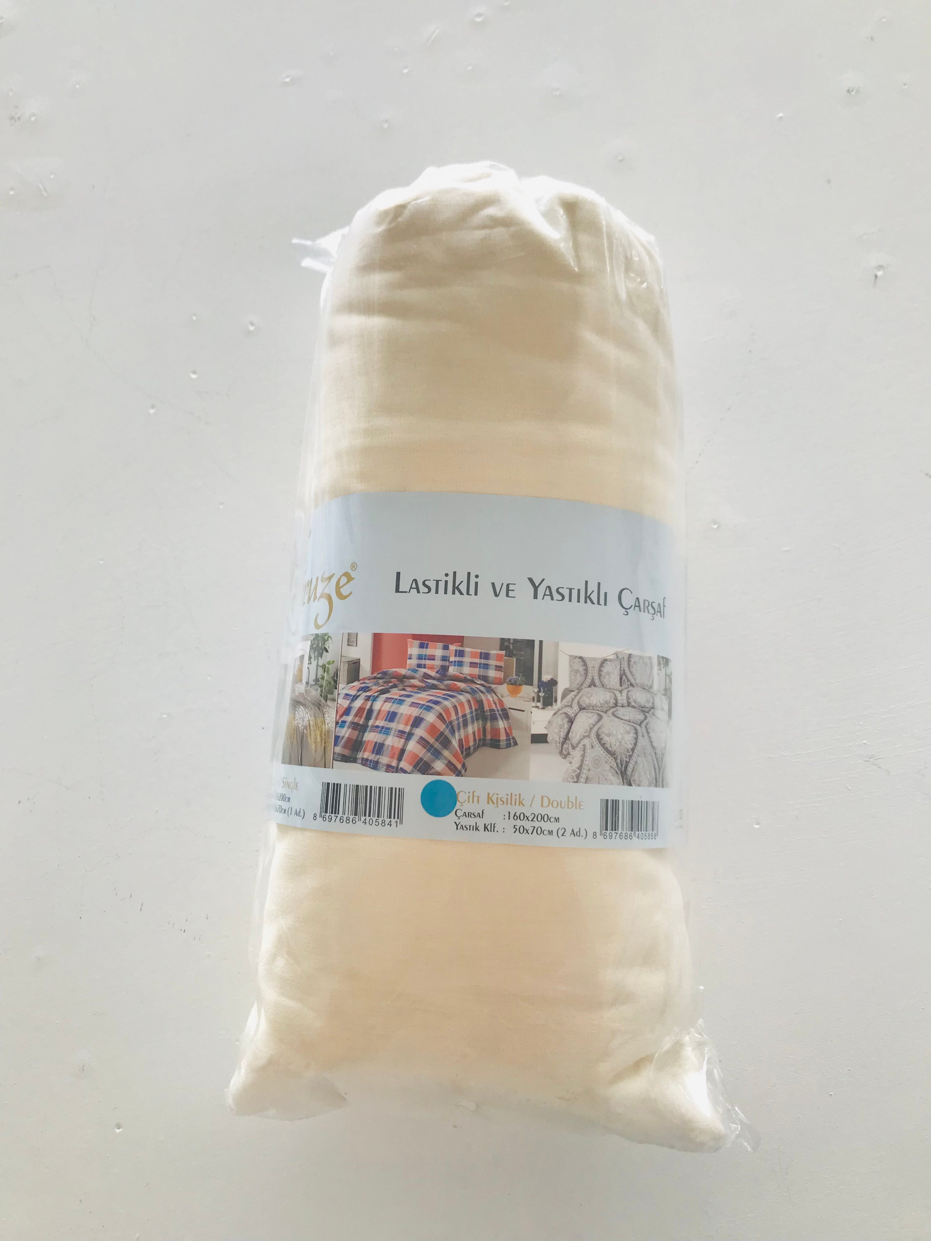 Krem Rengi Lastikli ve Yastıklı Çarşaf / Çift Kişilik
