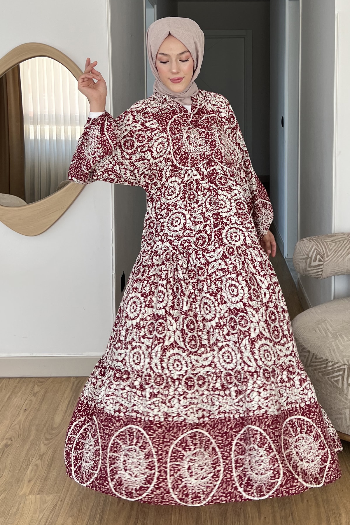 Vavelya Karışık Desenli Yarım Düğmeli Elbise SK-8537