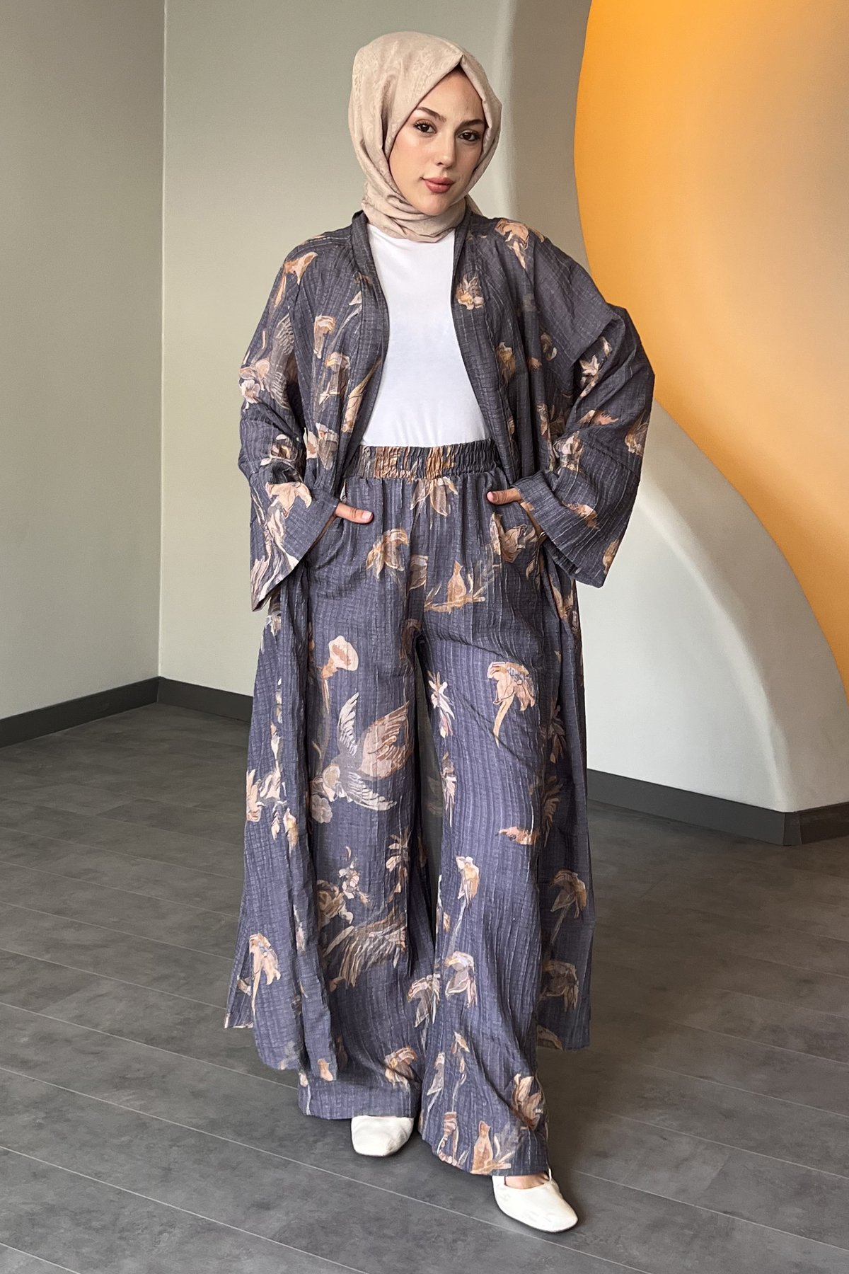 Renkli Palmiye Desenli Kimono Takım DMR-8575