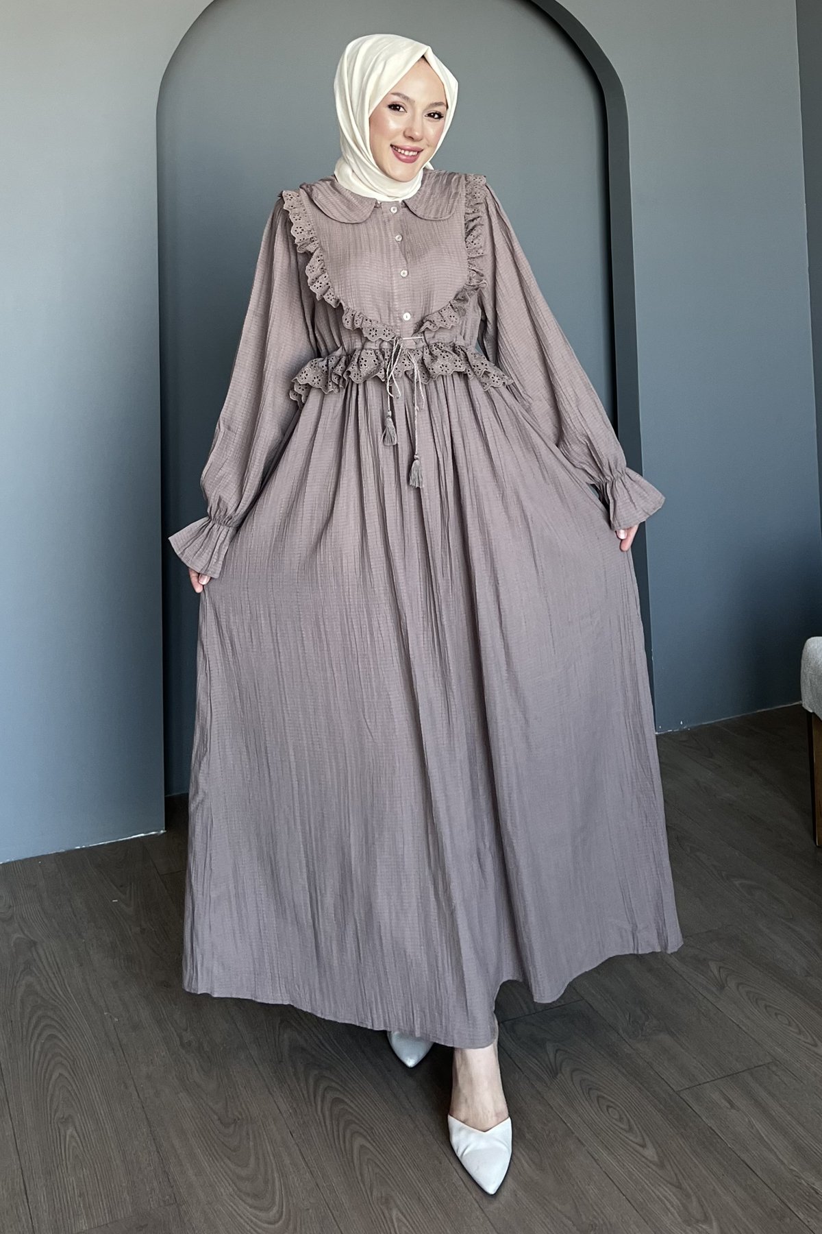 Rüyaşa Dantel Detaylı Yakalı Gofre Elbise DMR-8485