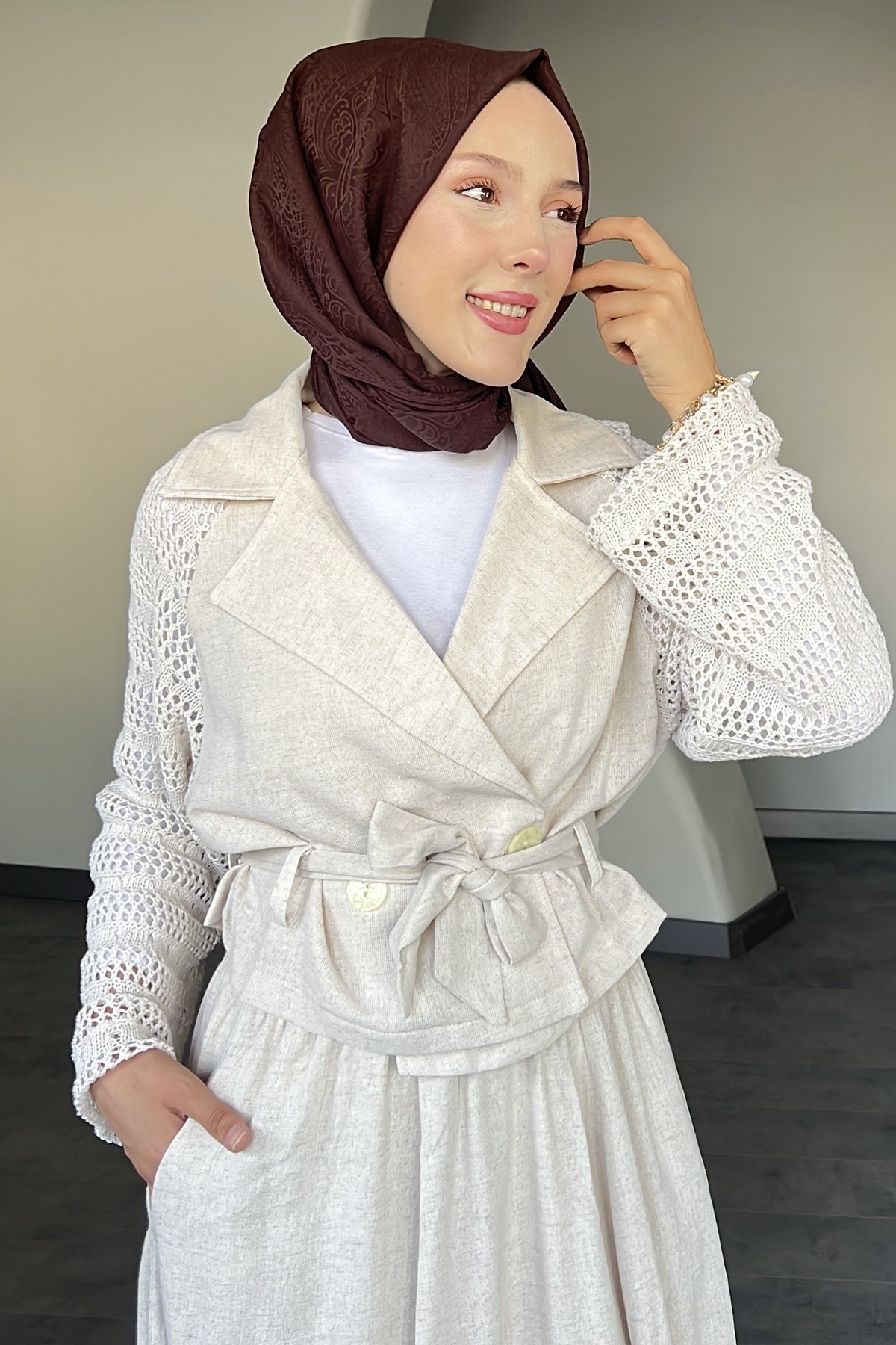 Kolları Fileli Keten Ceket-Etek Takım DMR-8580