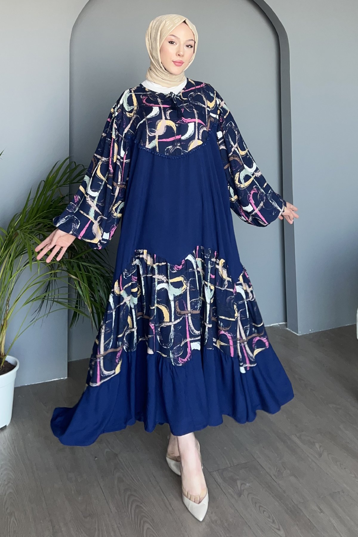 Garnili Salaş Çizgi Desenli Elbise SK-8473