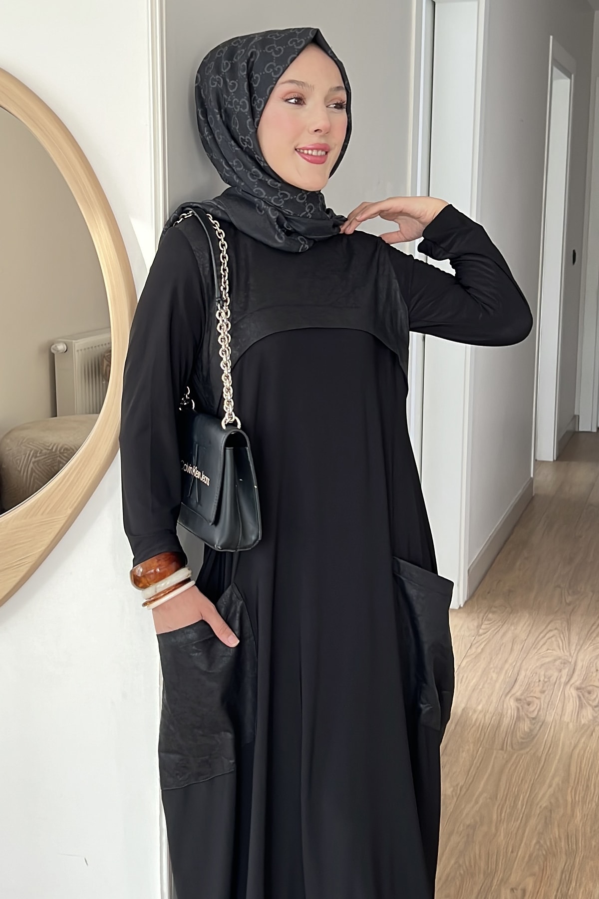 Rosa Desenli Deri Detaylı Modal Elbise SK-8598