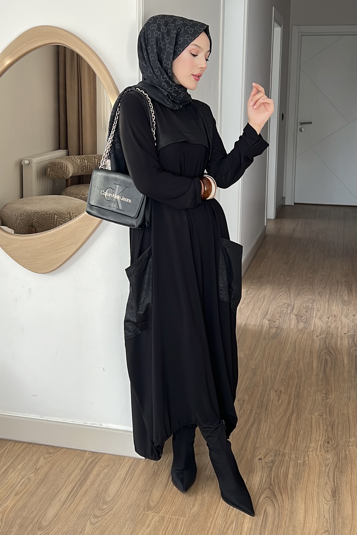 Rosa Desenli Deri Detaylı Modal Elbise SK-8598