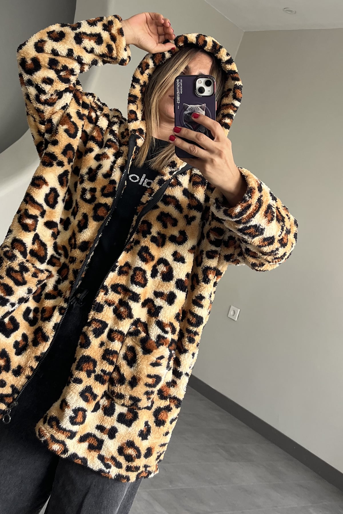 Leopar Desen Peluş Hırka SK-8332