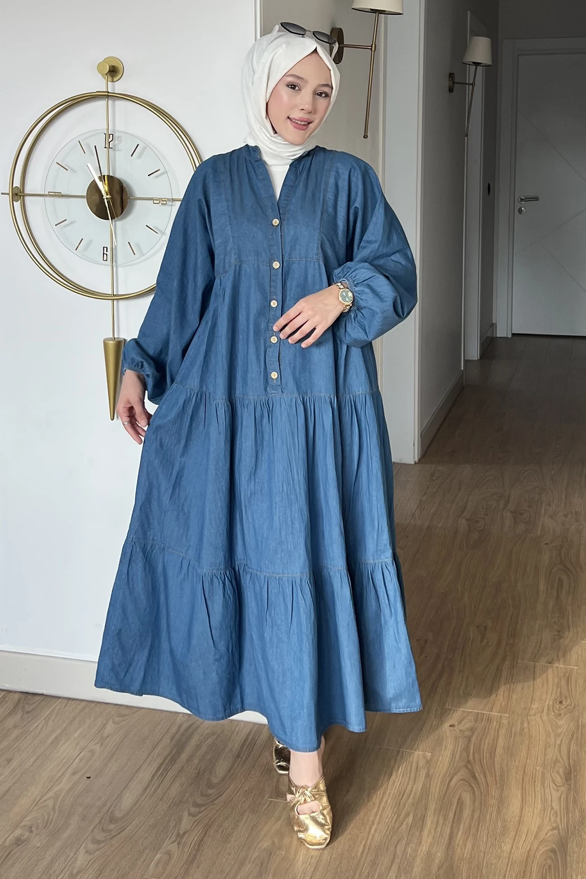 Sare Yarım Düğmeli Kot Elbise SK-8638