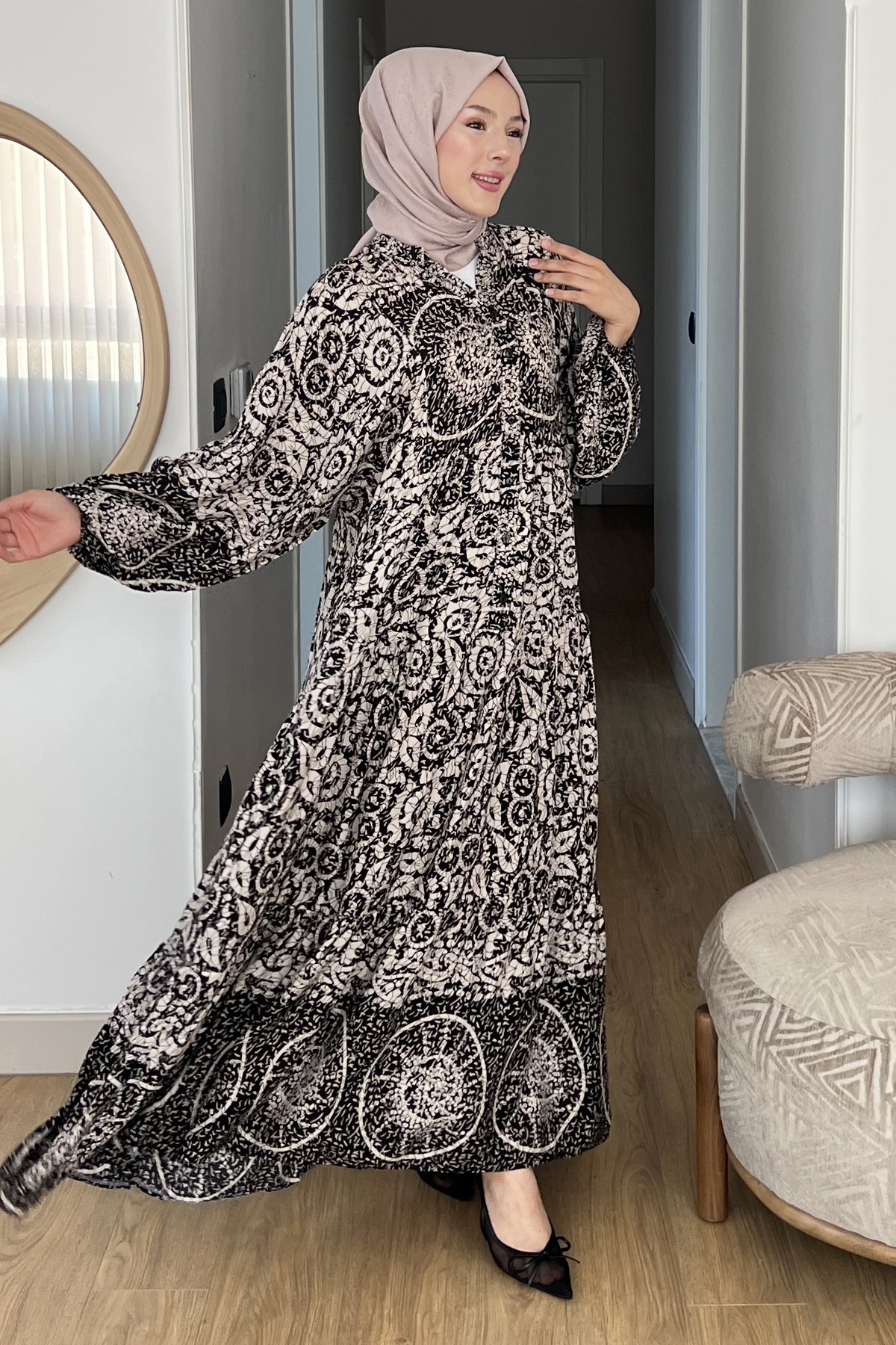 Vavelya Karışık Desenli Yarım Düğmeli Elbise SK-8537