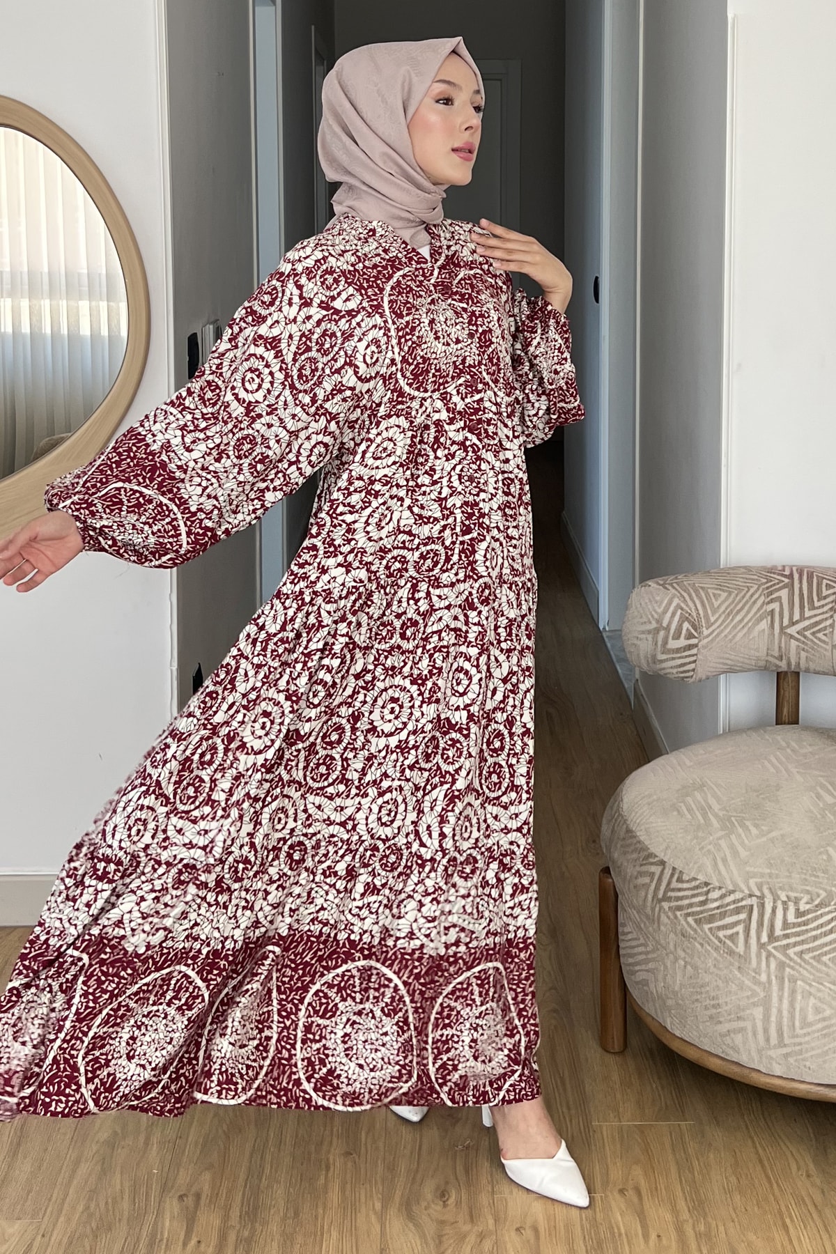 Vavelya Karışık Desenli Yarım Düğmeli Elbise SK-8537