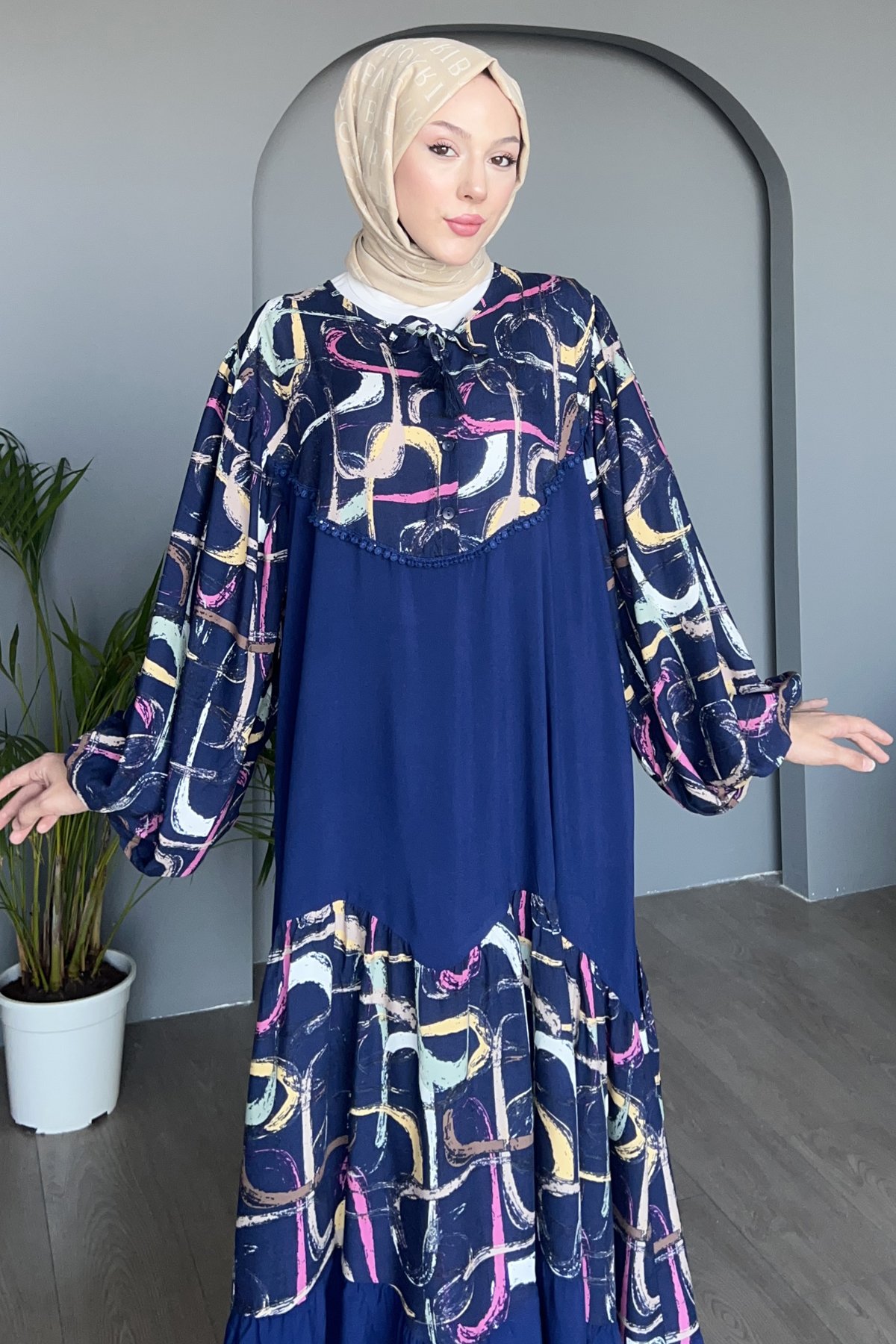 Garnili Salaş Çizgi Desenli Elbise SK-8473