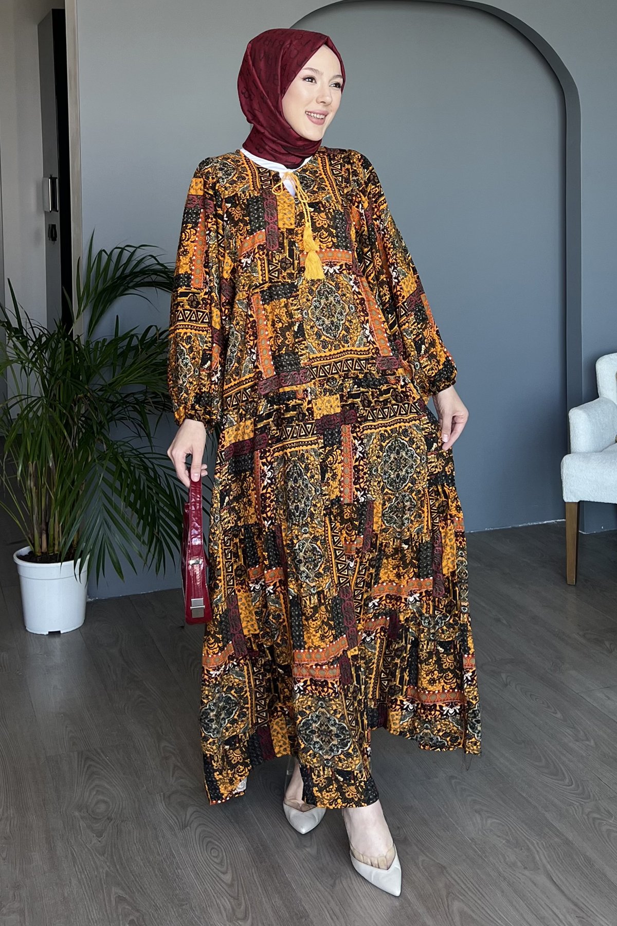 Elvan Karışık Motif Desenli Elbise BST-8463