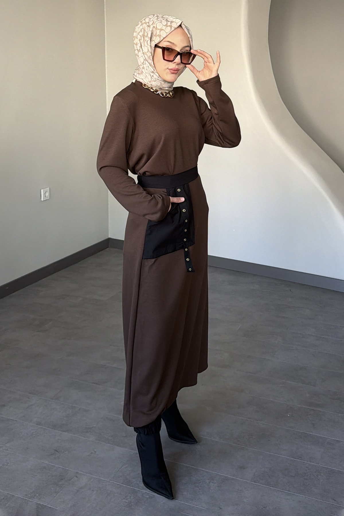 Florence Cep Detaylı Şalvar Etekli Takım SK-8628 - Acı Kahve