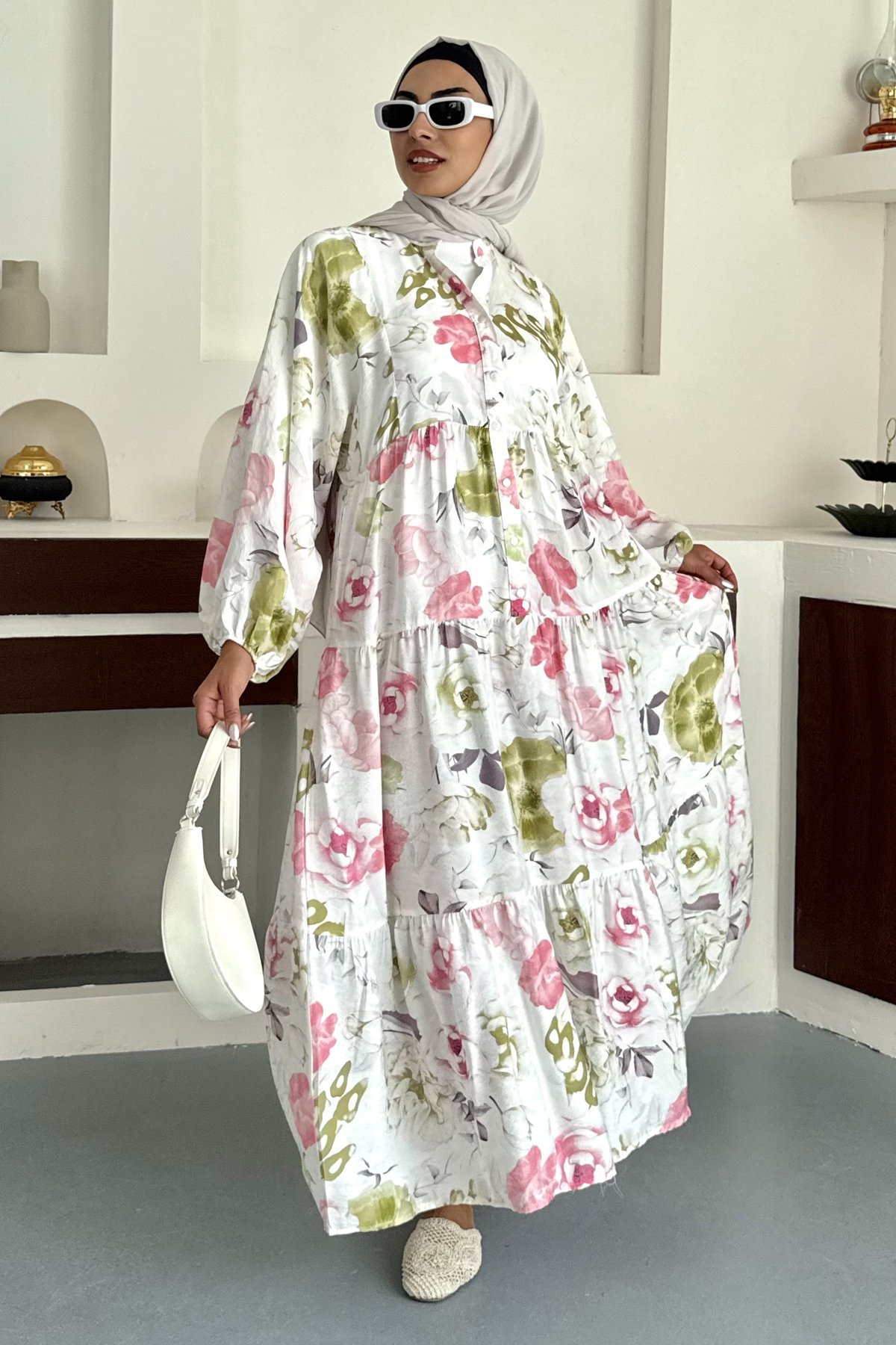 Flower Desenli Keten Elbise SK-8565