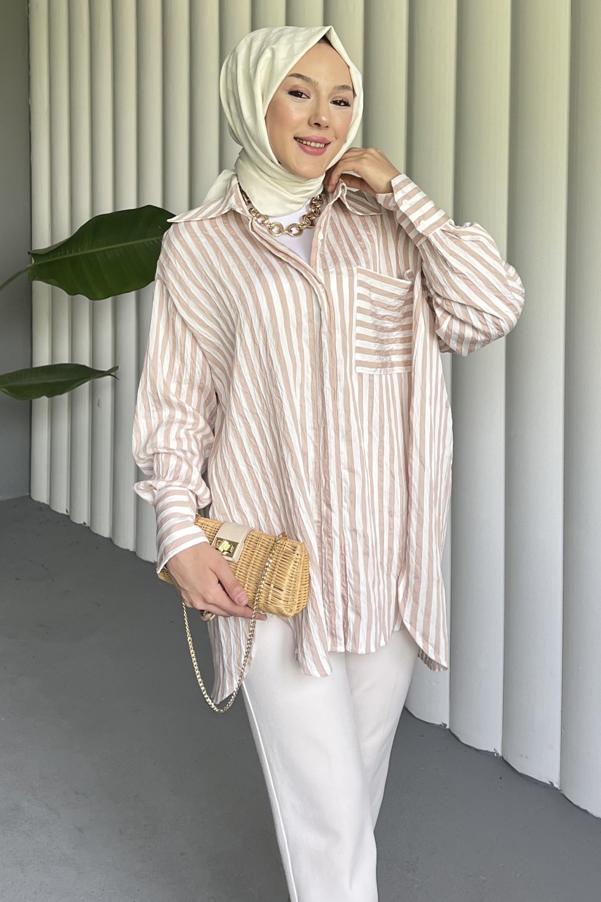 Çizgili Oversize Gofre Gömlek ENS-8507