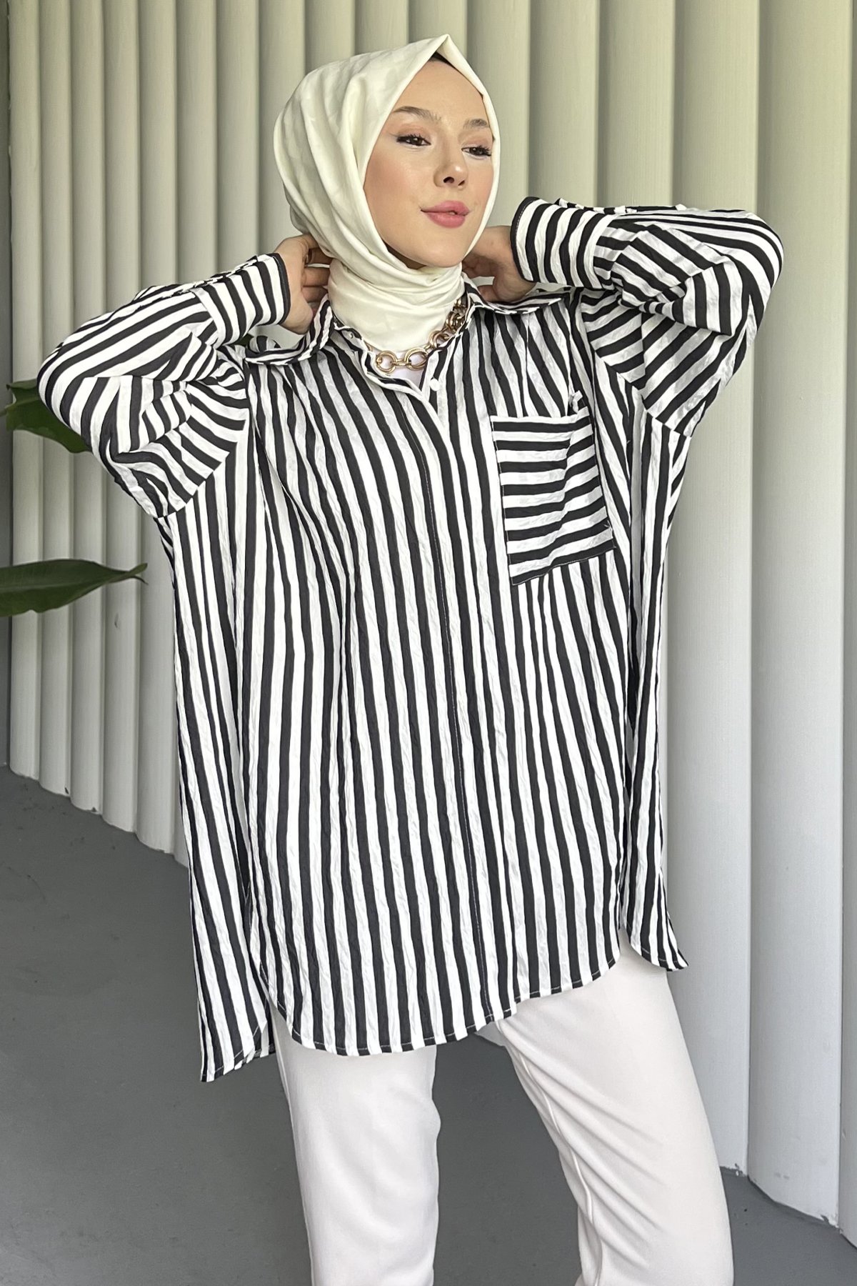 Çizgili Oversize Gofre Gömlek ENS-8507