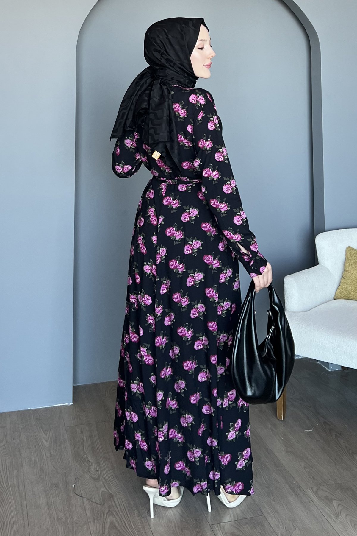 Pembe Çiçek Desenli Gömlek Elbise SK-8497