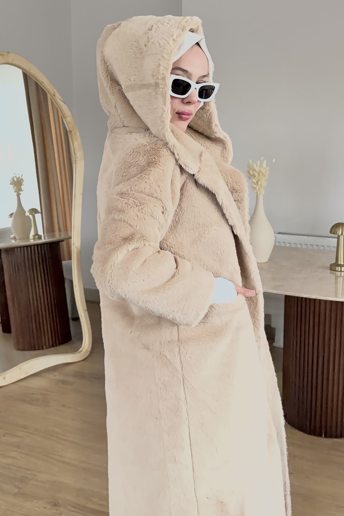 Astarlı Şapkalı Uzun Fashion Kaban SMR-8625