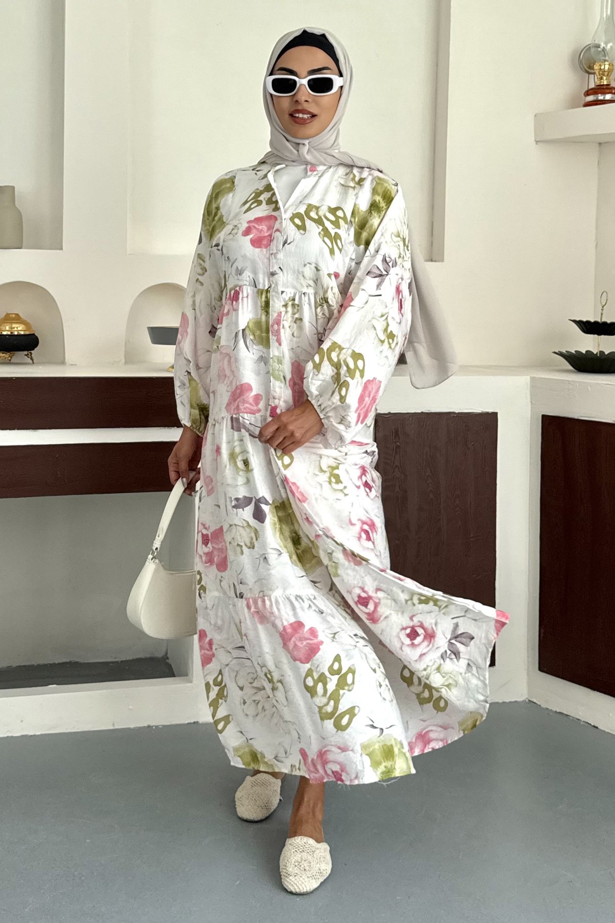 Flower Desenli Keten Elbise SK-8565
