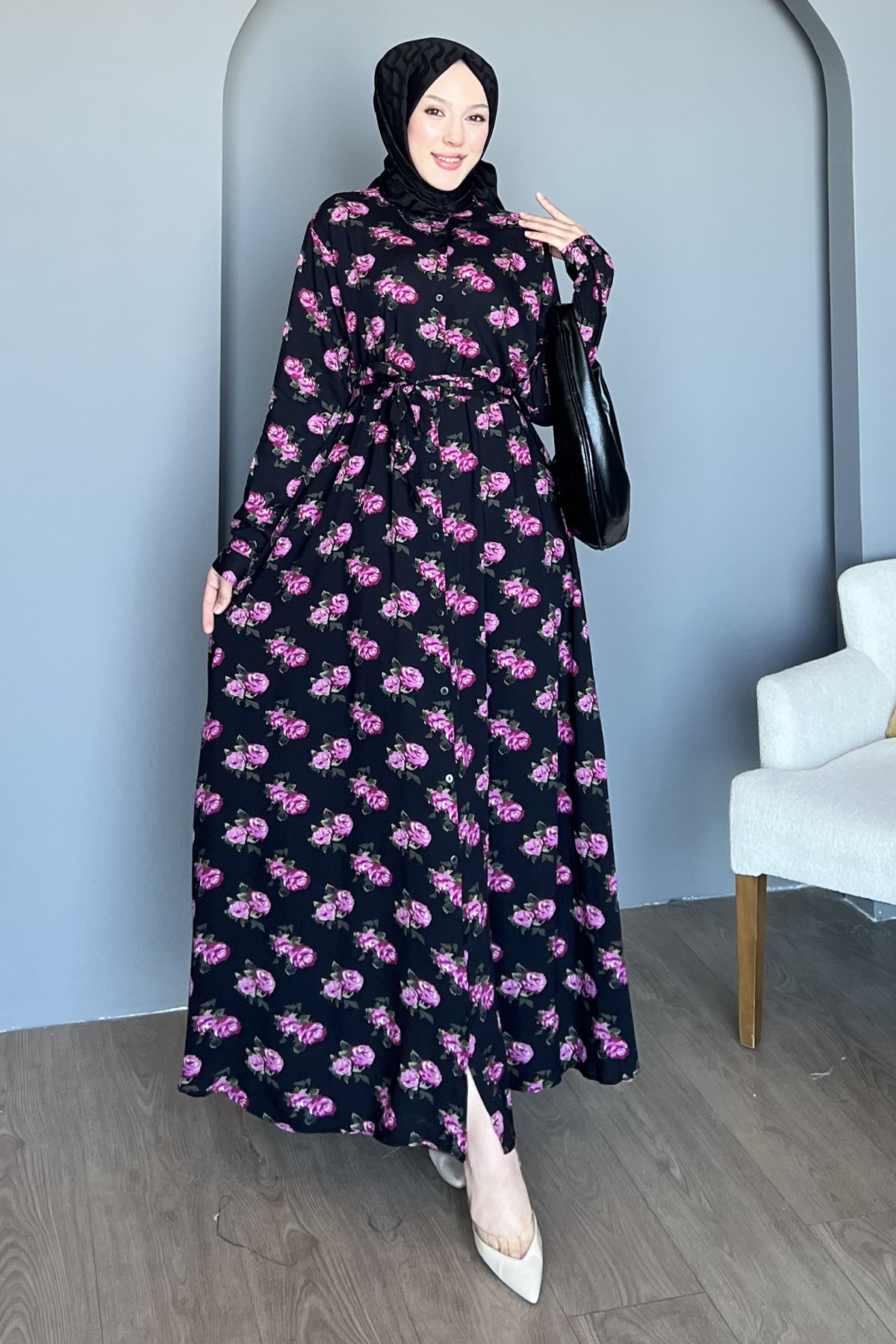 Pembe Çiçek Desenli Gömlek Elbise SK-8497