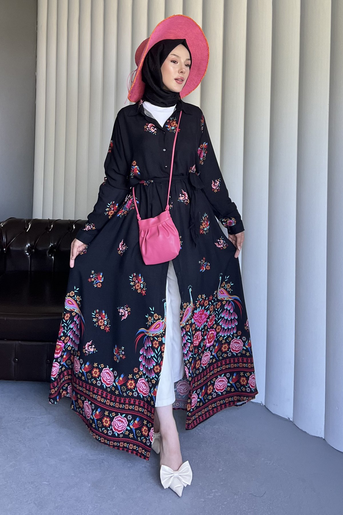 Tavus Kuşu Desenli Gömlek Elbise SK-8574