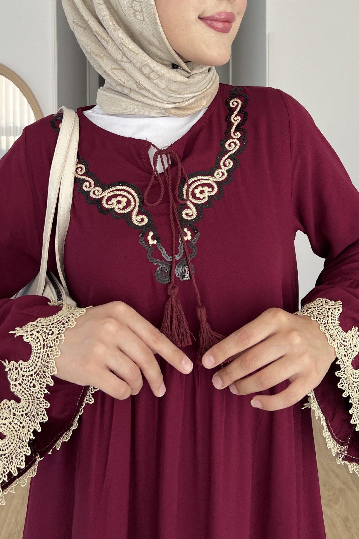 Efsun Krem Nakışlı Bohem Elbise SK-8530