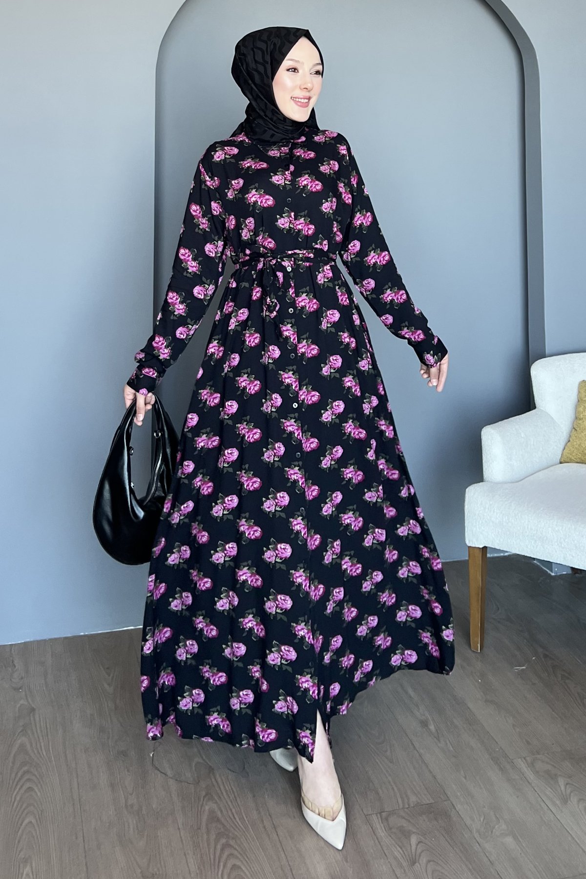 Pembe Çiçek Desenli Gömlek Elbise SK-8497