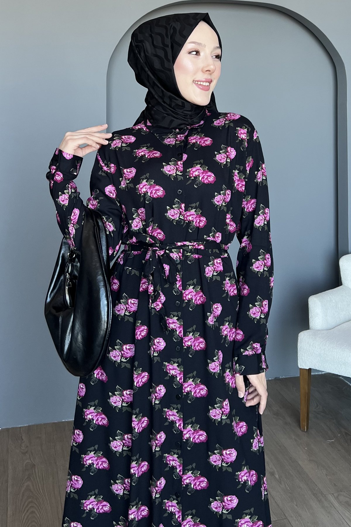 Pembe Çiçek Desenli Gömlek Elbise SK-8497