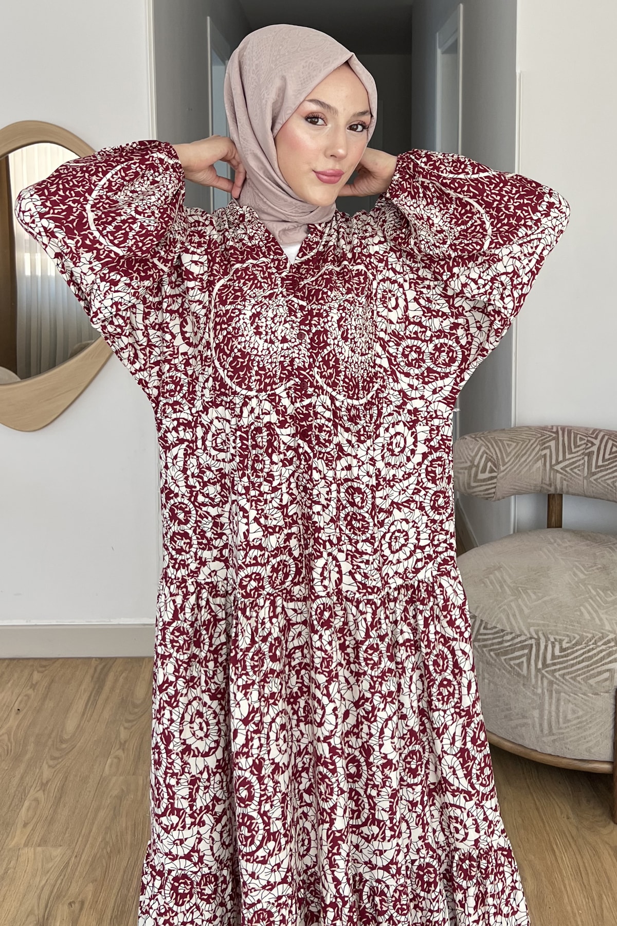 Vavelya Karışık Desenli Yarım Düğmeli Elbise SK-8537