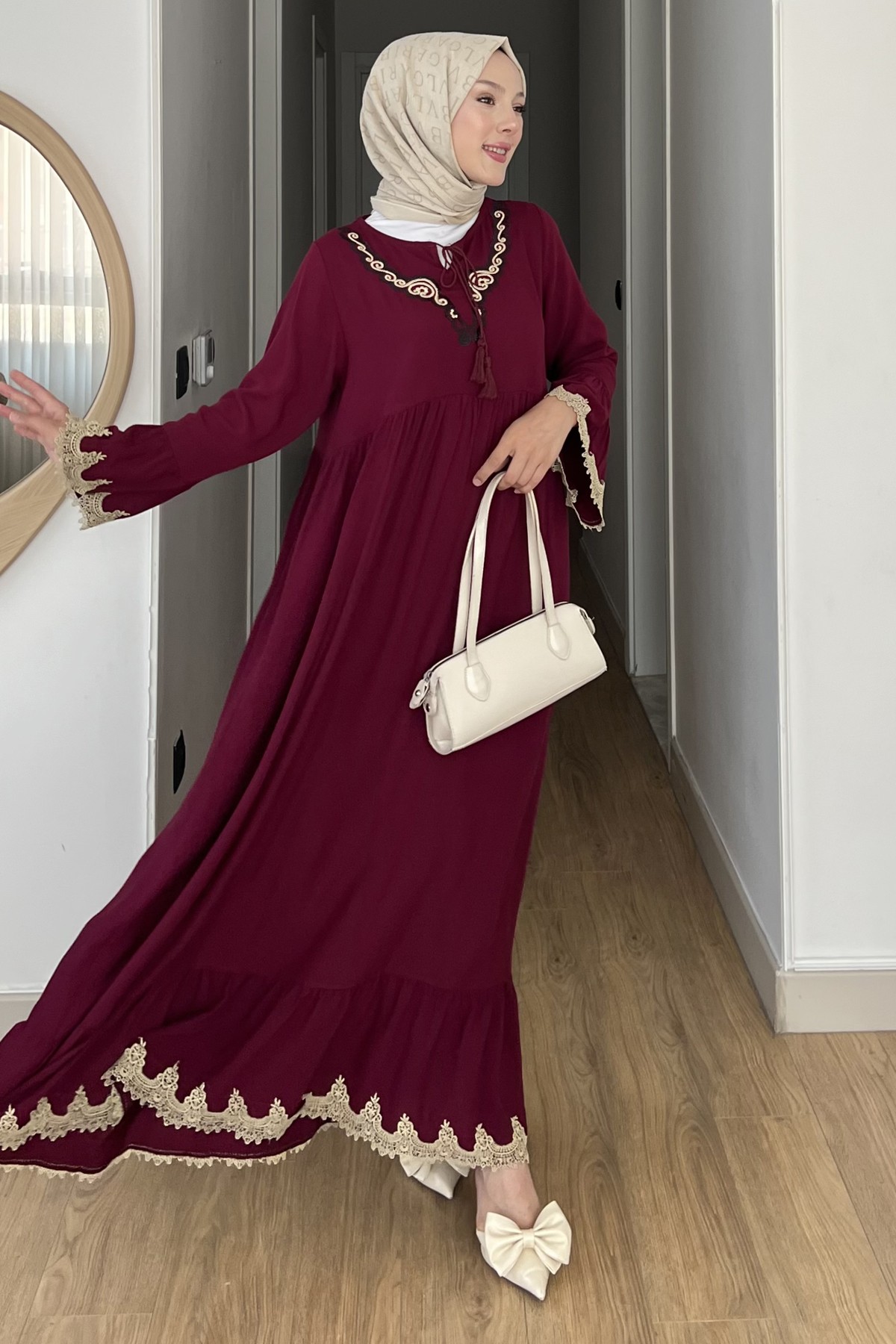 Efsun Krem Nakışlı Bohem Elbise SK-8530