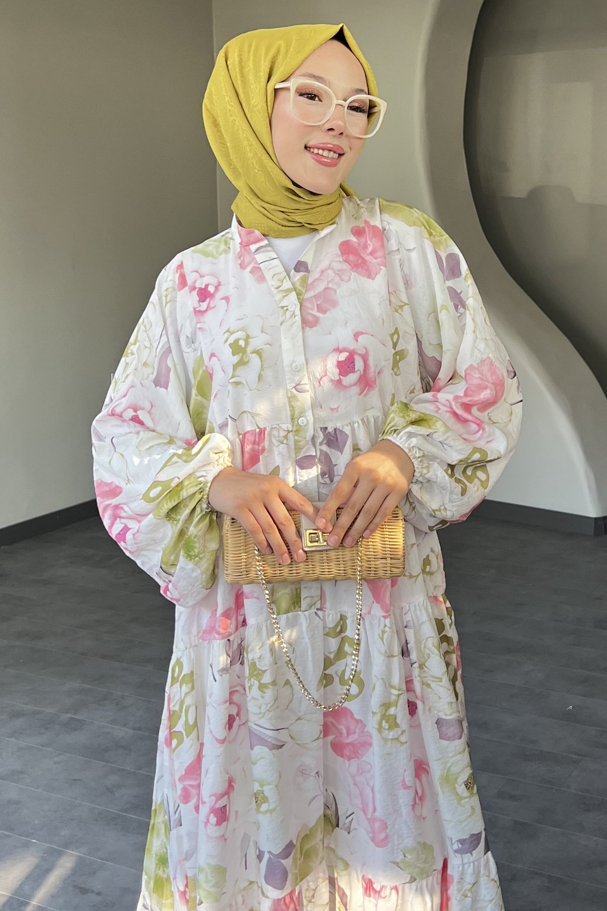 Flower Desenli Keten Elbise SK-8565