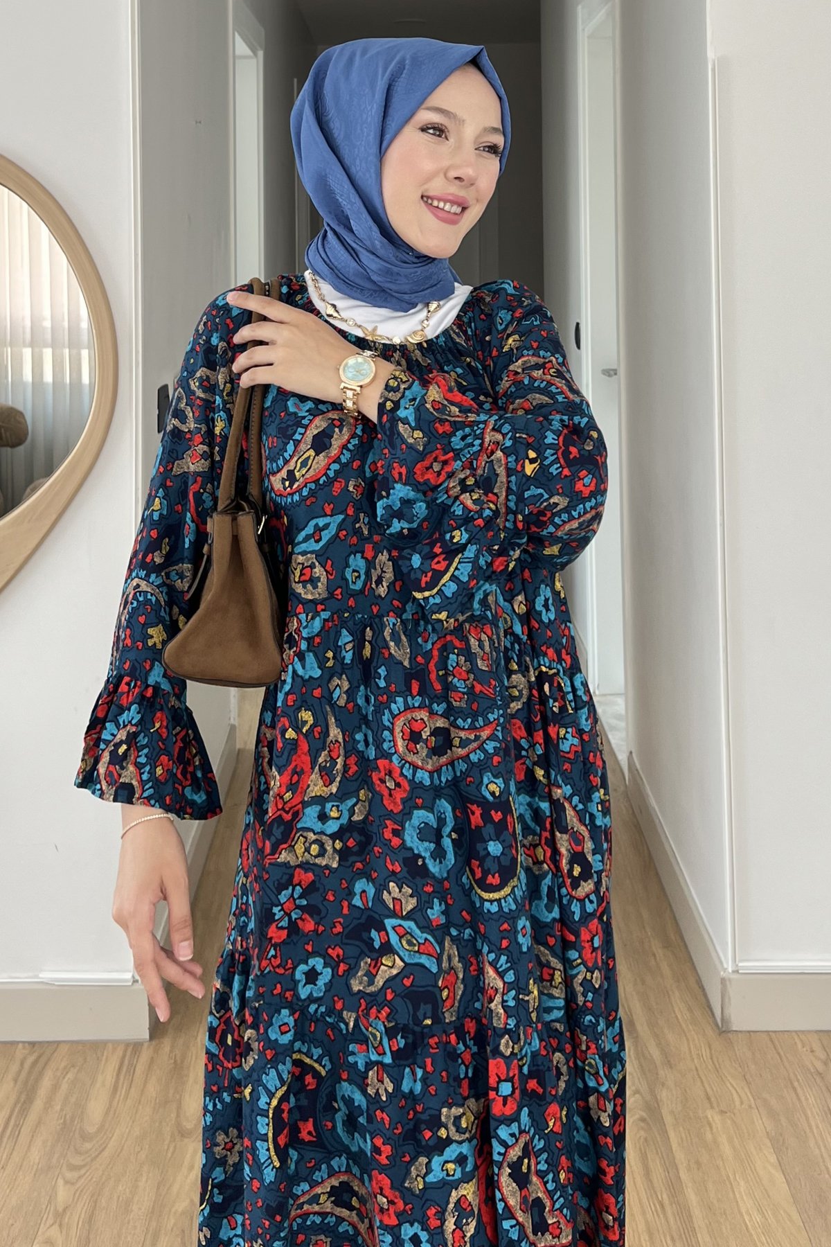 Madonna Yaka Şal Desen Elbise SK-8532
