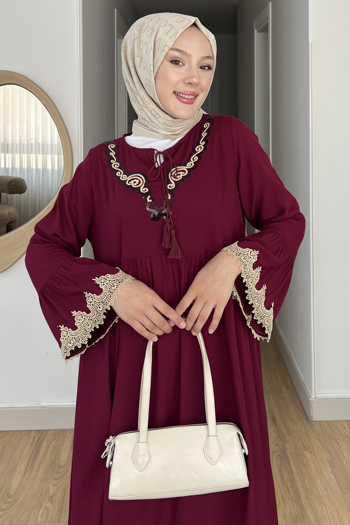 Efsun Krem Nakışlı Bohem Elbise SK-8530