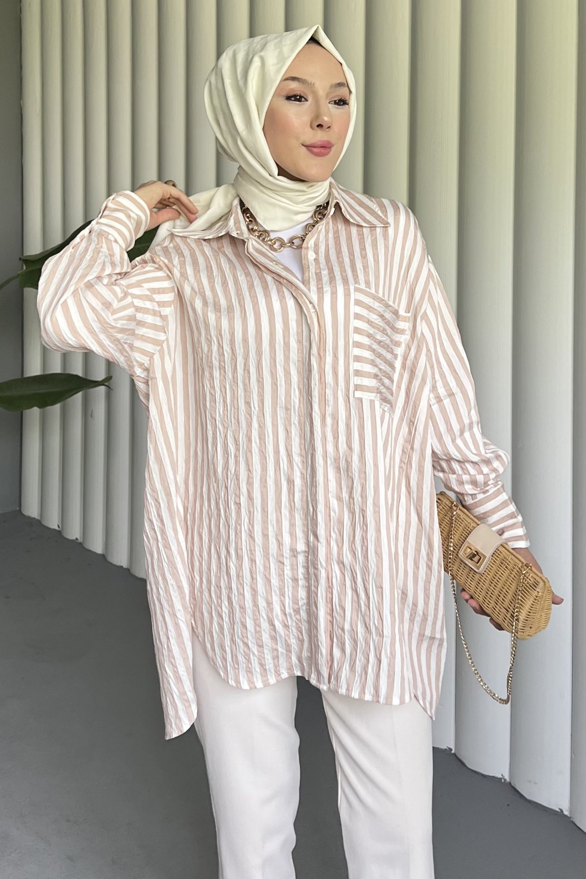 Çizgili Oversize Gofre Gömlek ENS-8507