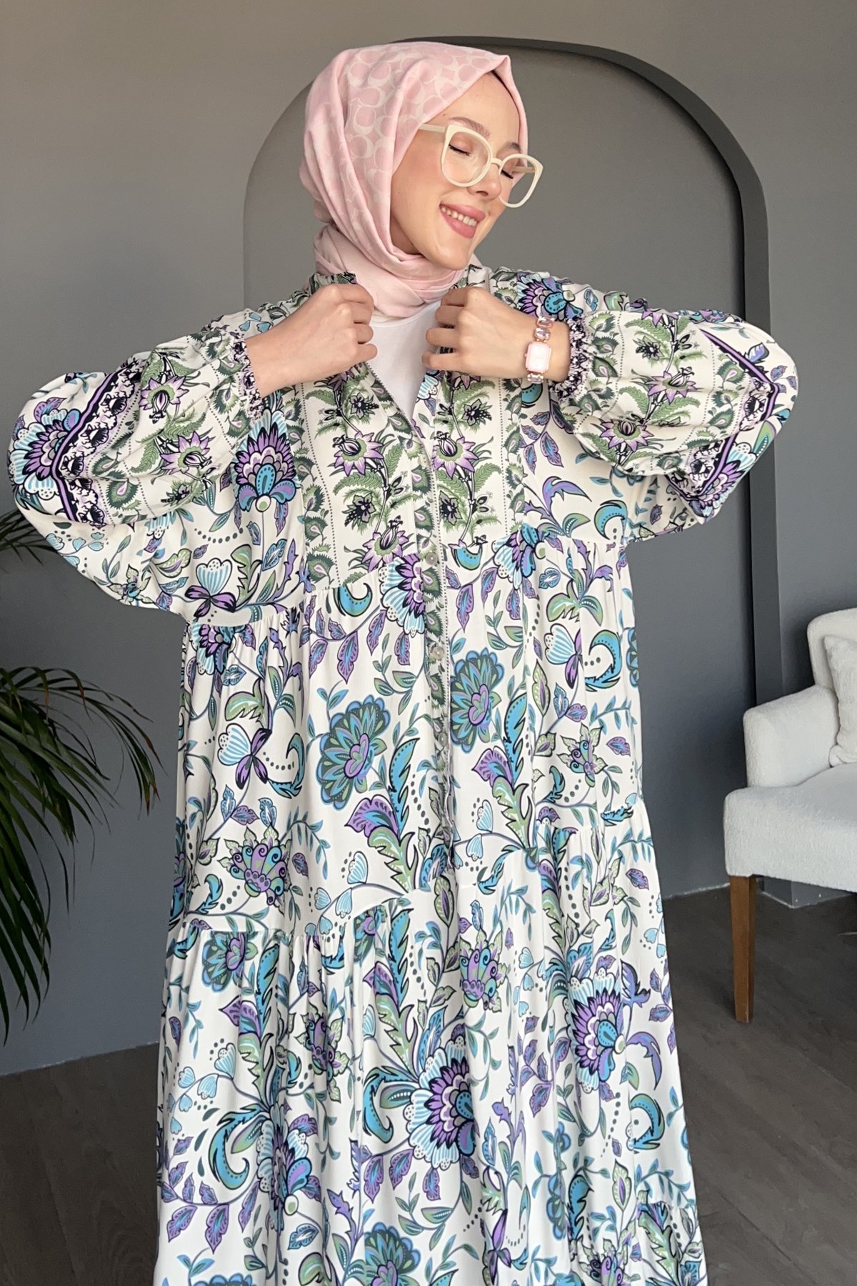 Gülbahar Eteği Sulu Yarım Düğmeli Elbise BST-8465
