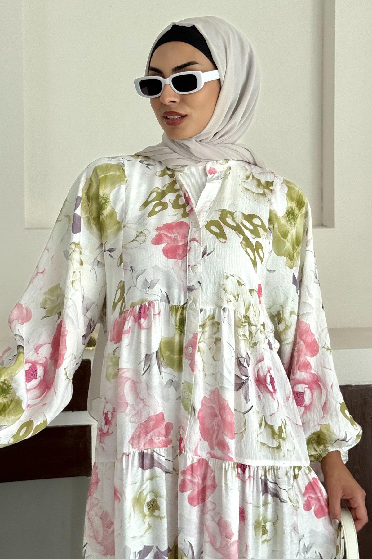 Flower Desenli Keten Elbise SK-8565