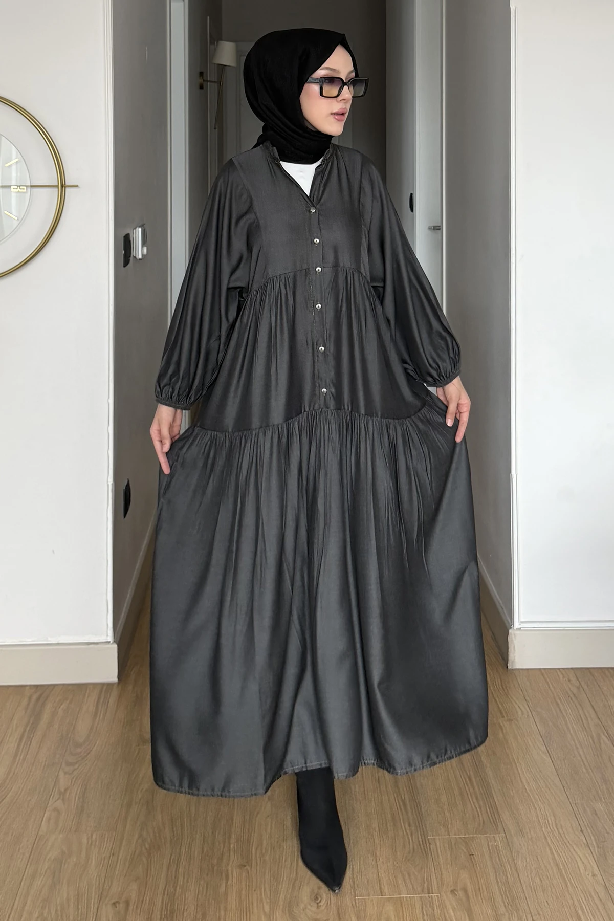 Seyran Antrasit Yarım Düğmeli Kot Elbise SK-8646