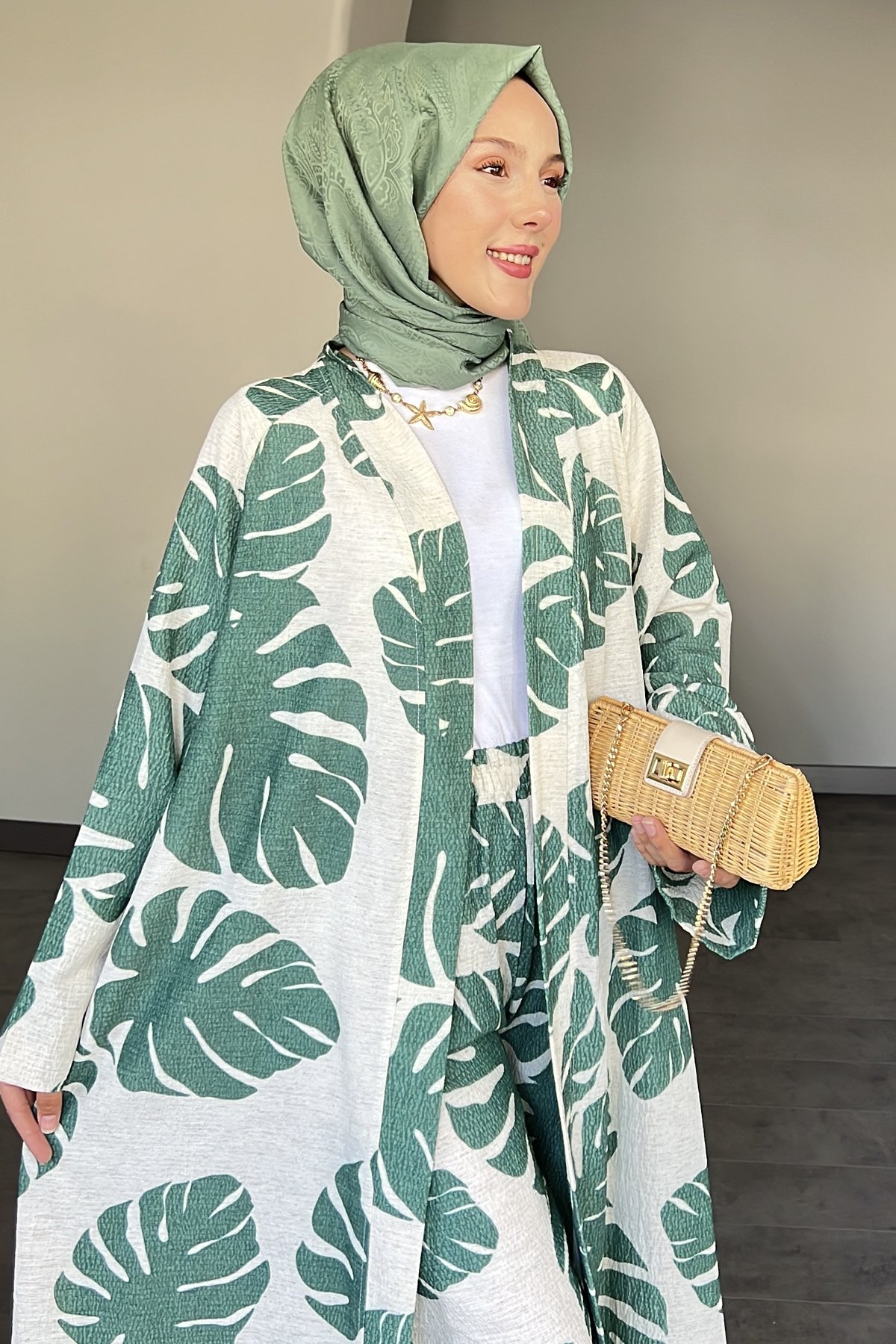 Sunshine Büyük Yaprak Desenli Gofre Kimono Takım DMR-8585