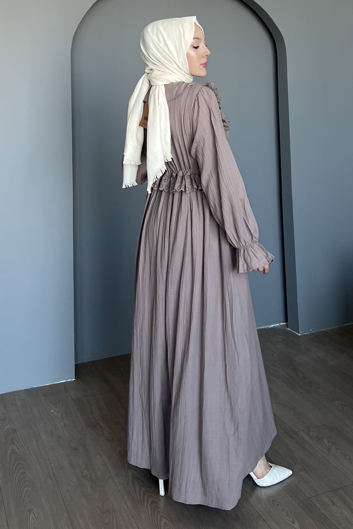 Rüyaşa Dantel Detaylı Yakalı Gofre Elbise DMR-8485