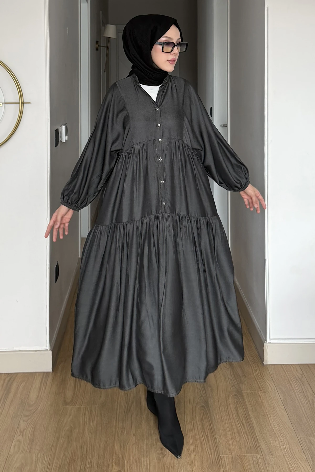 Seyran Antrasit Yarım Düğmeli Kot Elbise SK-8646