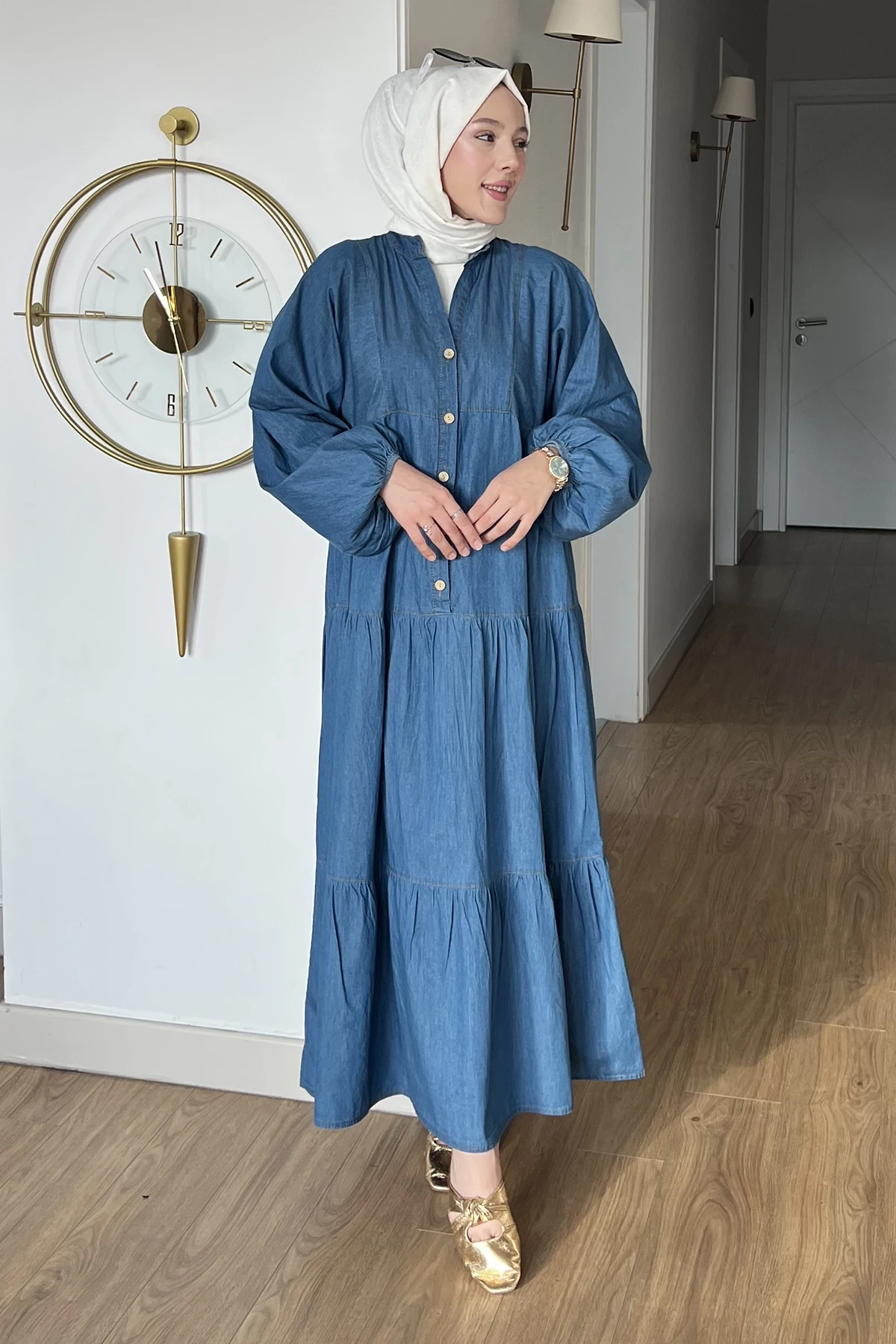 Sare Yarım Düğmeli Kot Elbise SK-8638