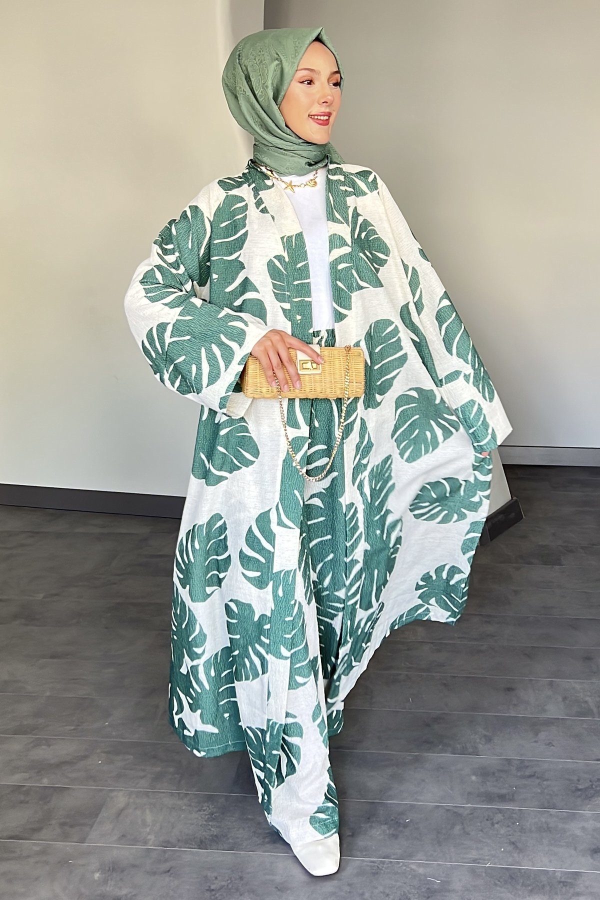 Sunshine Büyük Yaprak Desenli Gofre Kimono Takım DMR-8585