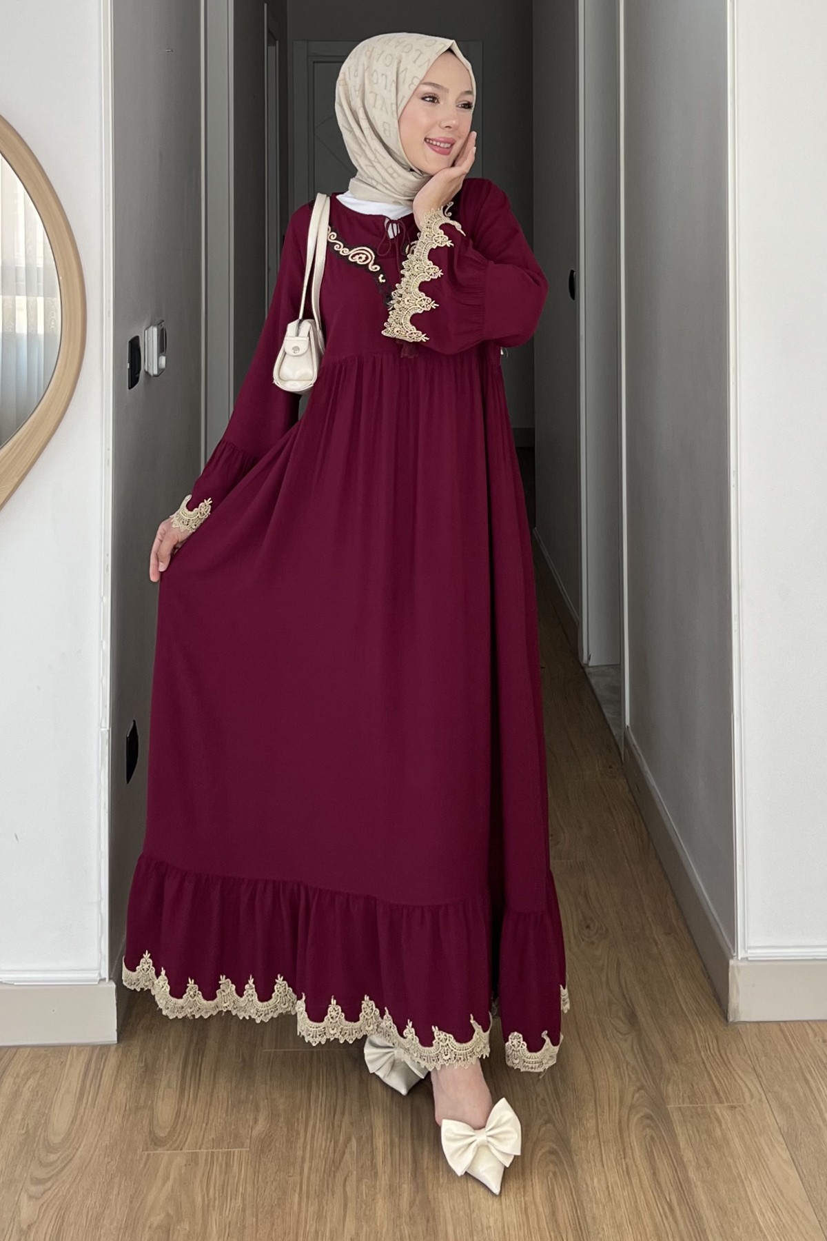 Efsun Krem Nakışlı Bohem Elbise SK-8530